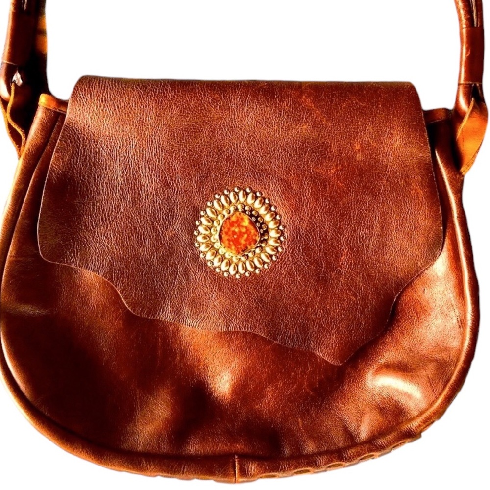 Calleen Cordero Druzzy Brown Leather Bag With Studs And Natural Brown Druzzy